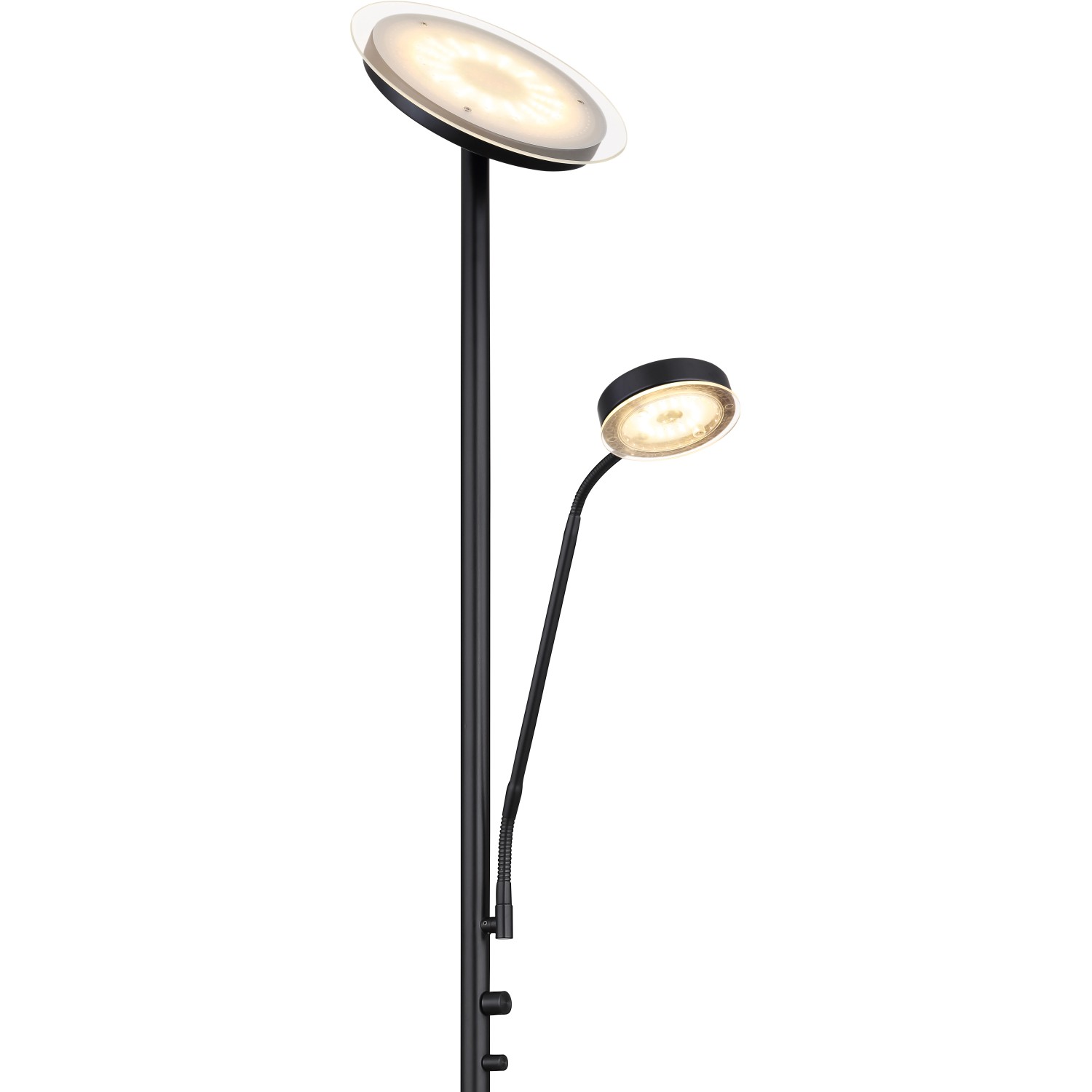 Moderne, schwarze LED-Stehlampe Ernst mit zwei Leuchten für Wohnräume.