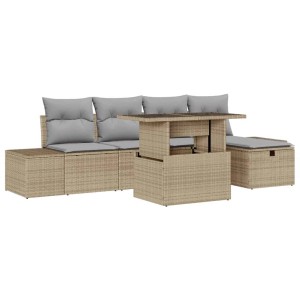 Beiges 7-teiliges vidaXL Garten-Sofa-Set aus Poly Rattan mit Tisch und grauen Kissen.