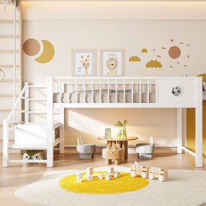 Weißes Merax Metall-Hochbett 90x200cm mit Leiter und Stauraum. Perfekt für platzsparende Kinderzimmer.