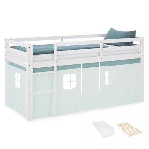 Weißes Homestyle4u Kinder Hochbett mit mintgrünem Vorhang, Matratze und Lattenrost.