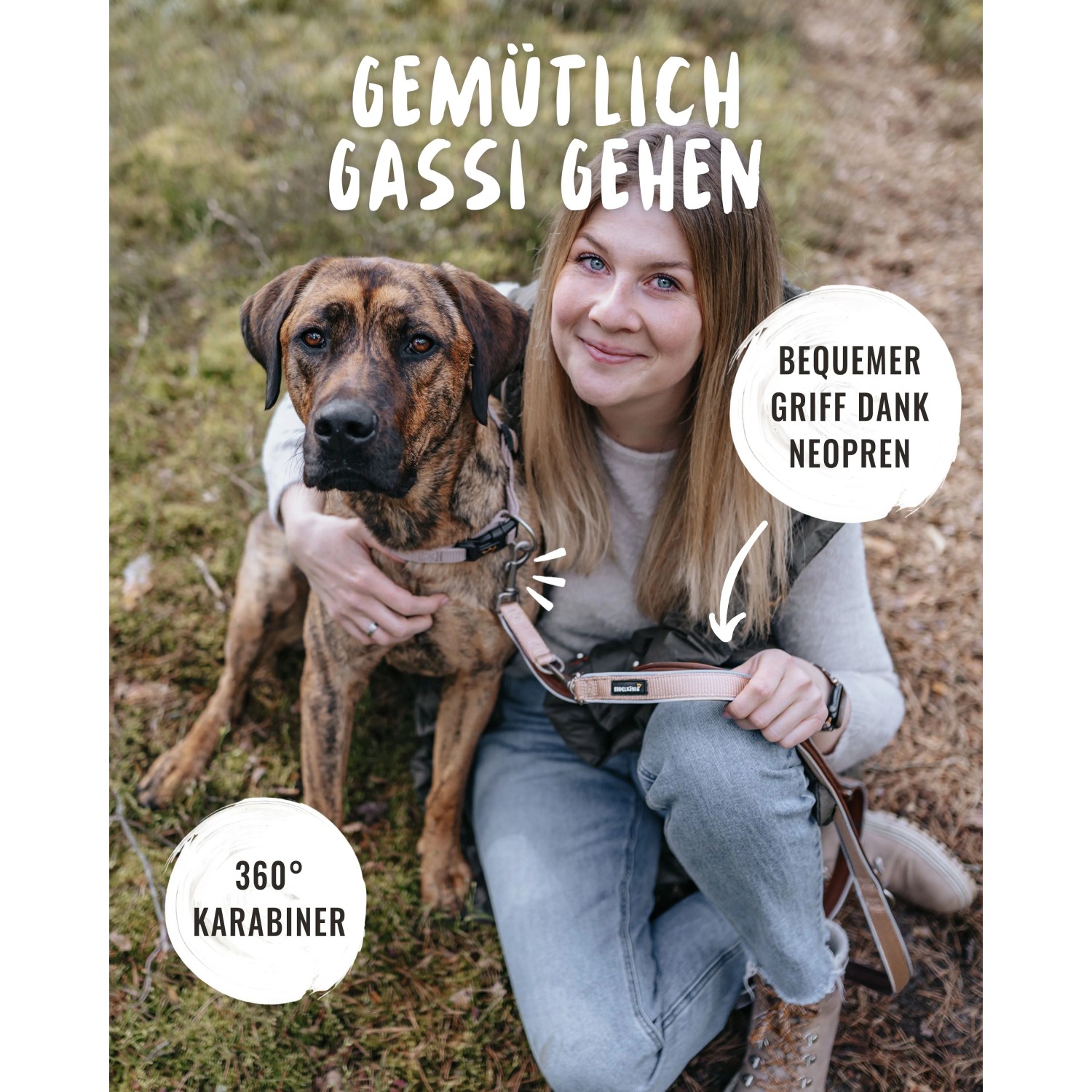 Frau mit Hund und verstellbarer, rosefarbener Rudelkönig Hundeleine Paola (20 mm, 230 cm).