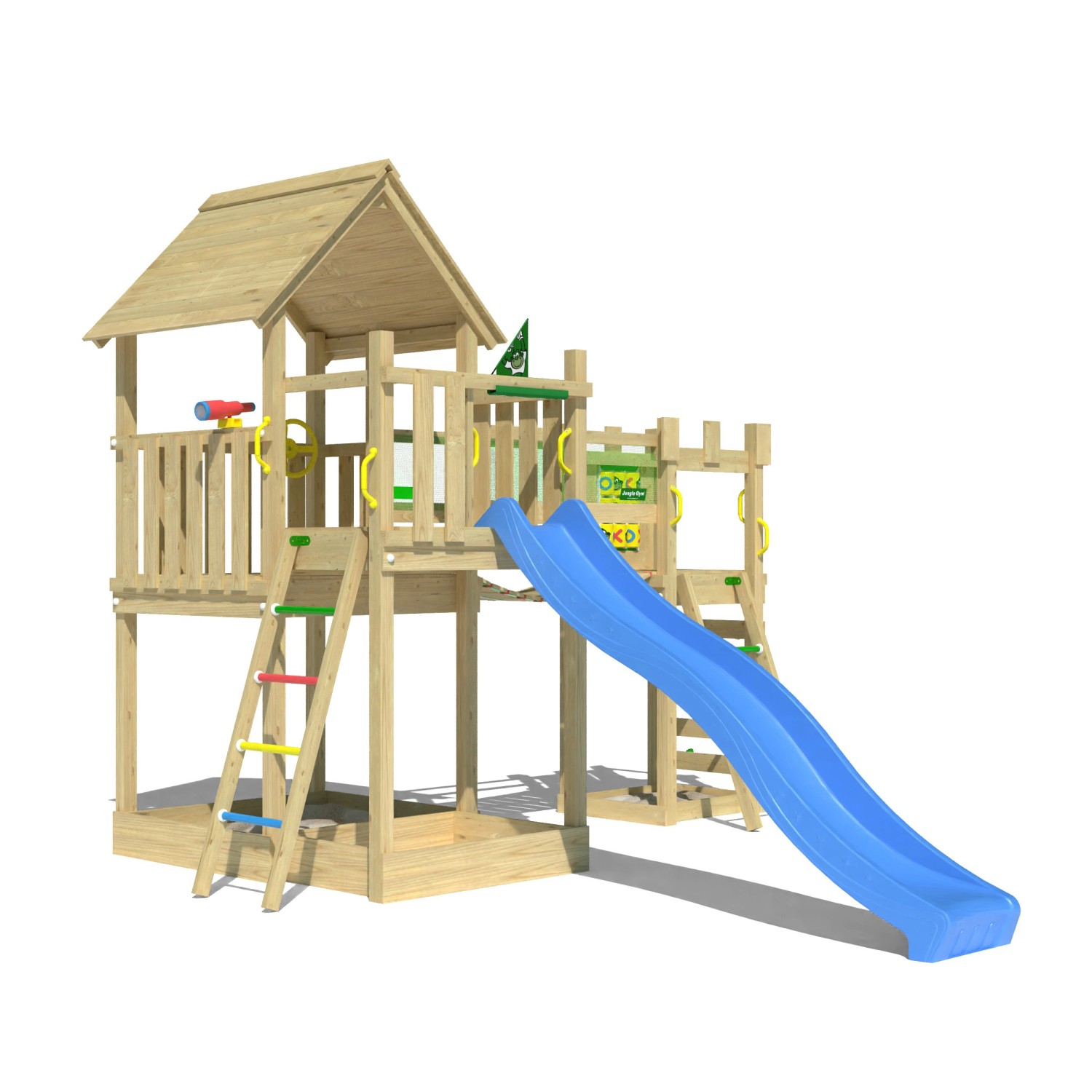 Jungle Gym Spielturm Lookout Holz Wackelbrücke Kletterrampe Rutsche Blau günstig online kaufen