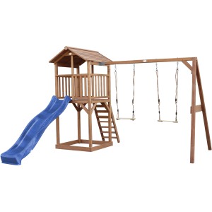 Axi Beach Tower Spielturm mit Doppelschaukel und blauer Rutsche aus Holz.