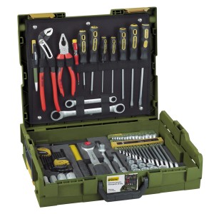 Proxxon Handwerker Werkzeugkoffer, 69-teilig, geöffnet. Sortiment mit Schraubenschlüsseln, Zangen, Schraubendrehern.