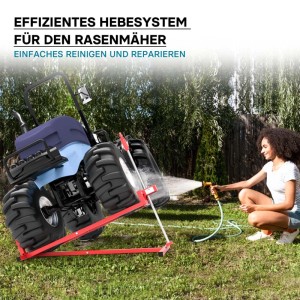 Rote Wiltec Hebevorrichtung für Aufsitzmäher/Rasentraktor, 400kg, beim Reinigen eines blauen Mähers im Garten.