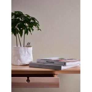 A.S. Création Vliestapete Uni Beige an Wand, kombiniert mit Tisch, Pflanze und Büchern.