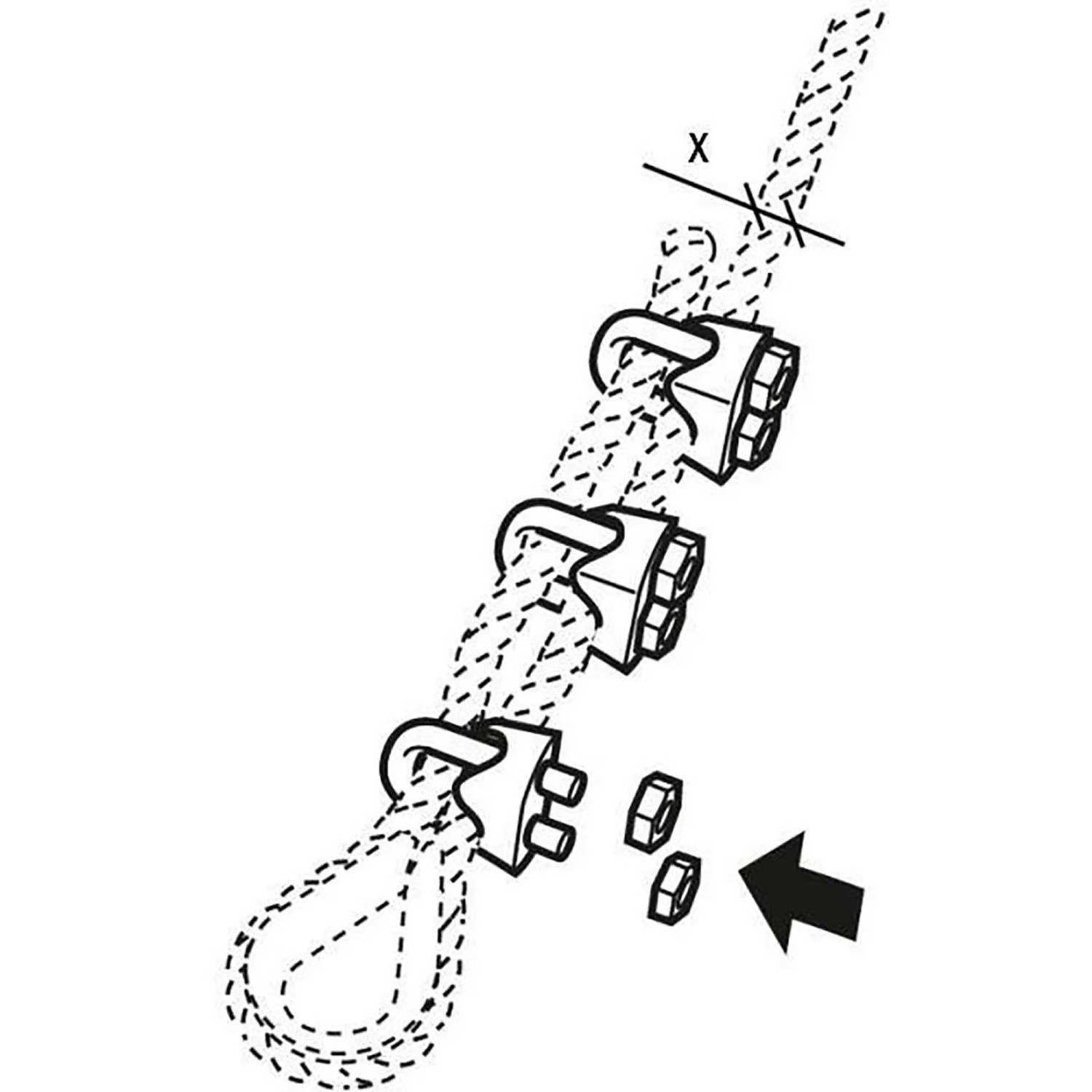 Drei Conacord Seilklemmen aus Stahl sichern ein Drahtseil zu einer Schlaufe. Für Mehrzweckseile bis Ø 4 mm.