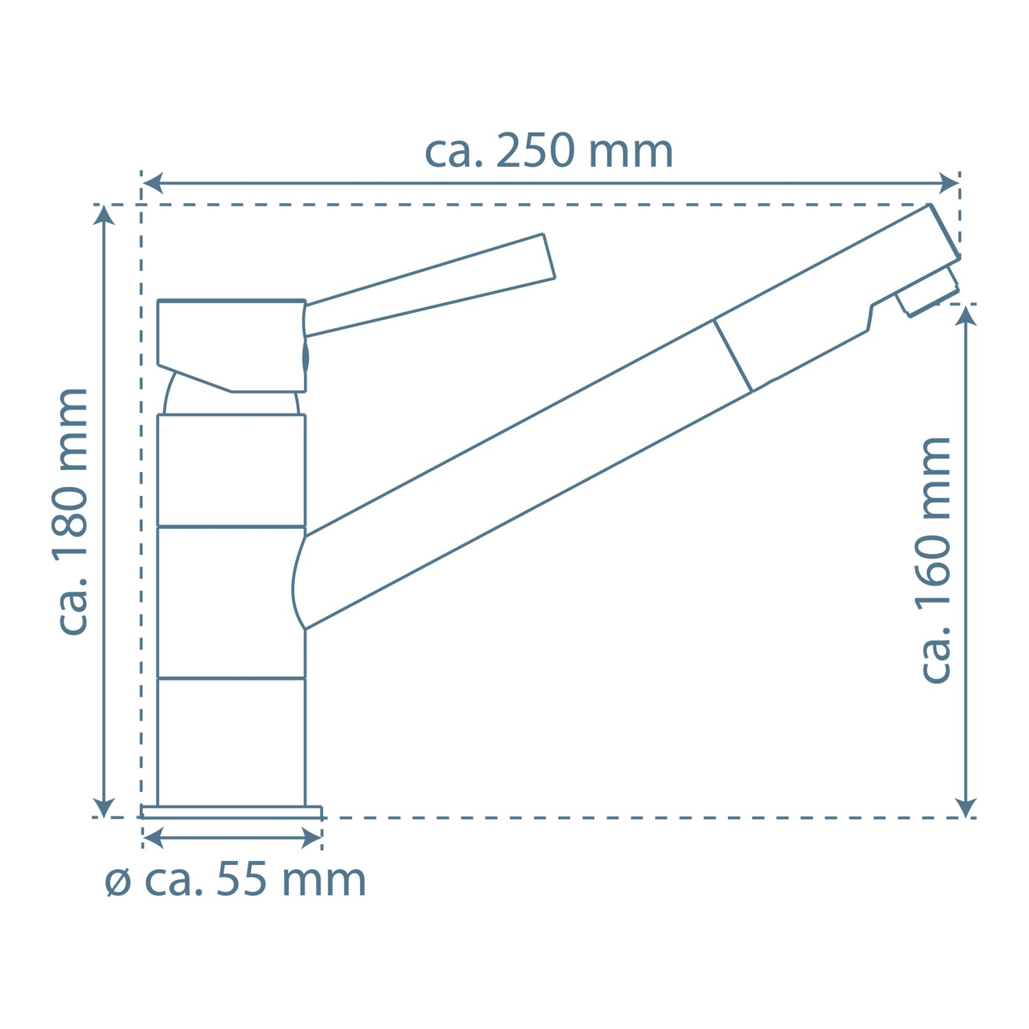 Skizze der Schütte Spültischarmatur Cornwall in Edelstahloptik mit Maßangaben.
