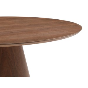 Runder Esstisch Antaliza, 120 cm, in dunkler Holzoptik. Detailaufnahme der modernen Tischplatte und des konischen Fußes.