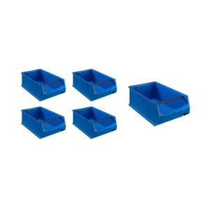 Set aus 5 blauen PROREGAL Sichtlagerboxen (21,8L) mit Griffstange, ideal für Werkstatt und Lager.