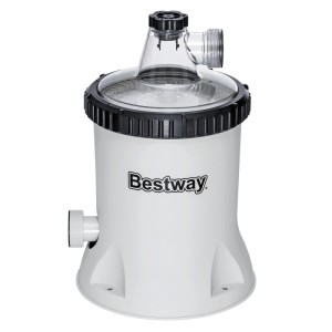 Bestway Polysphere Filterpumpe, weiß, mit transparentem Deckel und schwarzen Anschlüssen. Für sauberes Poolwasser.