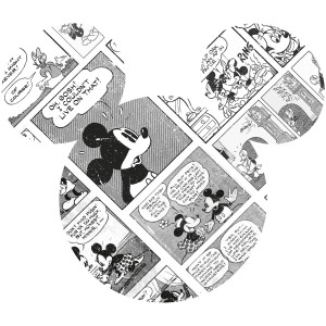 Schwarz-weißes Disney Wandtattoo mit Mickey Mouse im Comic-Stil, 127x127 cm.