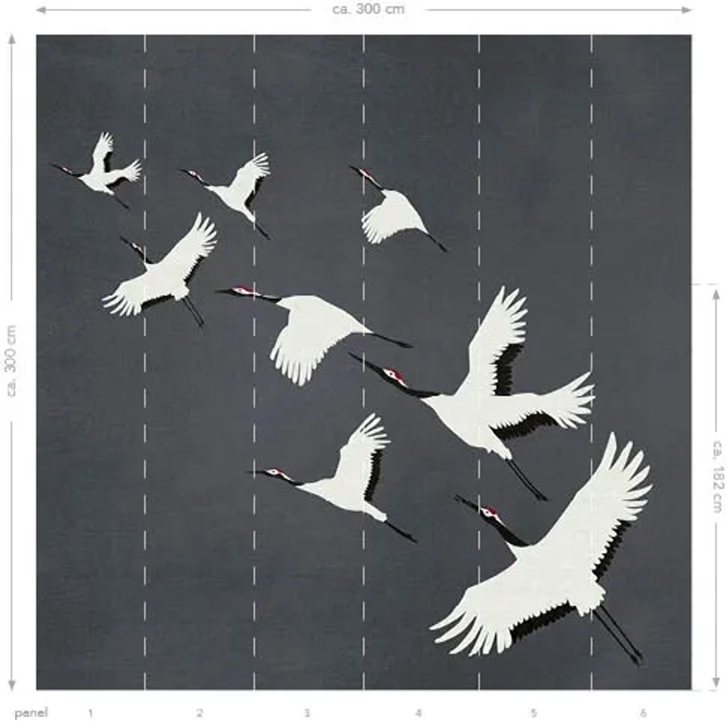 Origin Fototapete Kraniche dunkelgrau 3x3m. Vliestapete mit fliegenden Kranichen auf dunklem Grund.