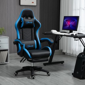 Vinsetto Gaming Stuhl in Schwarz und Blau mit Lendenkissen und Kopfstütze.