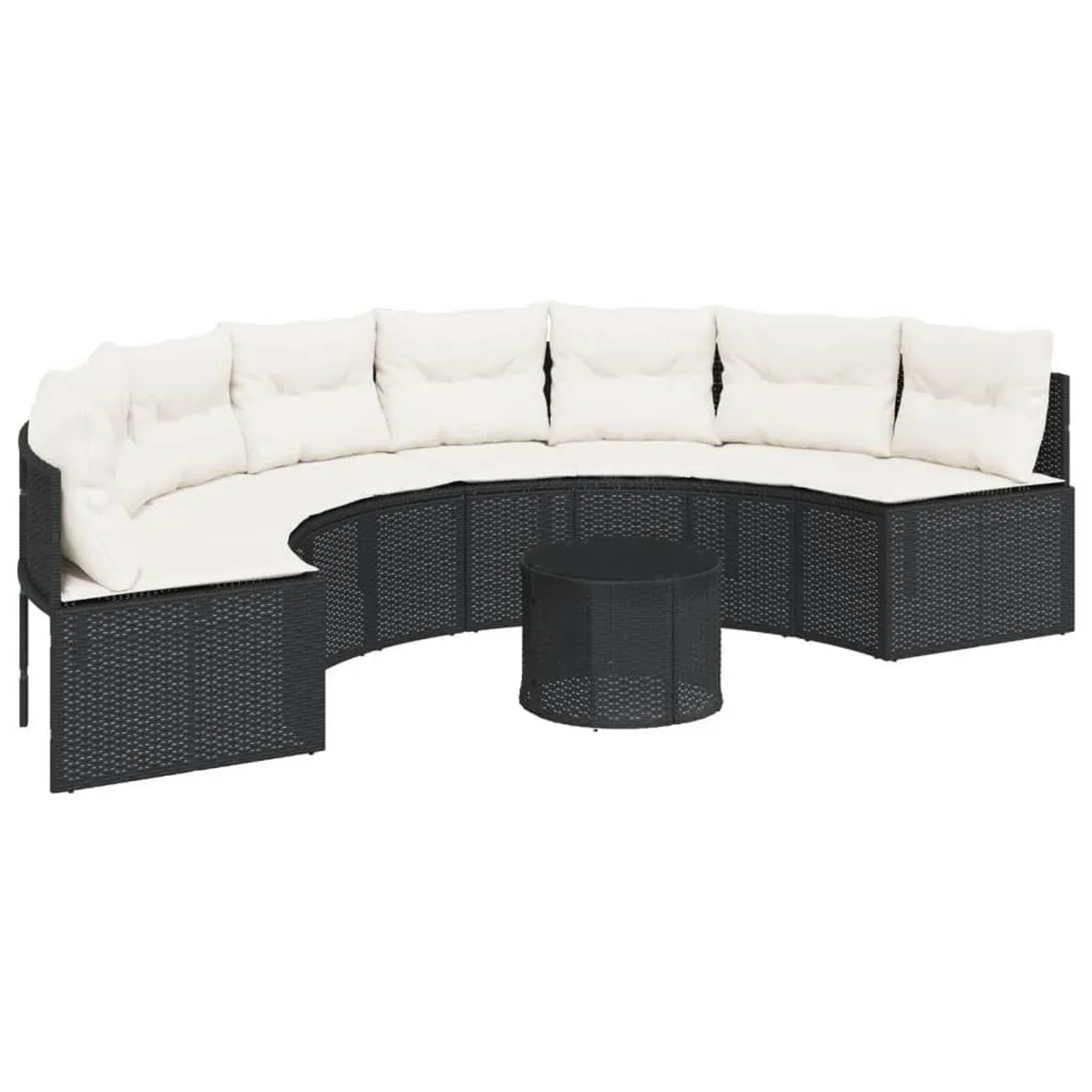 vidaXL Gartensofa mit Tisch und Kissen Halbrund Schwarz Poly-Rattan 3318526