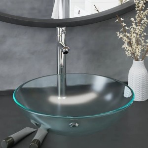 vidaXL Waschbecken-Set mit Wasserhahn und Ablauf, aus mattiertem Glas.