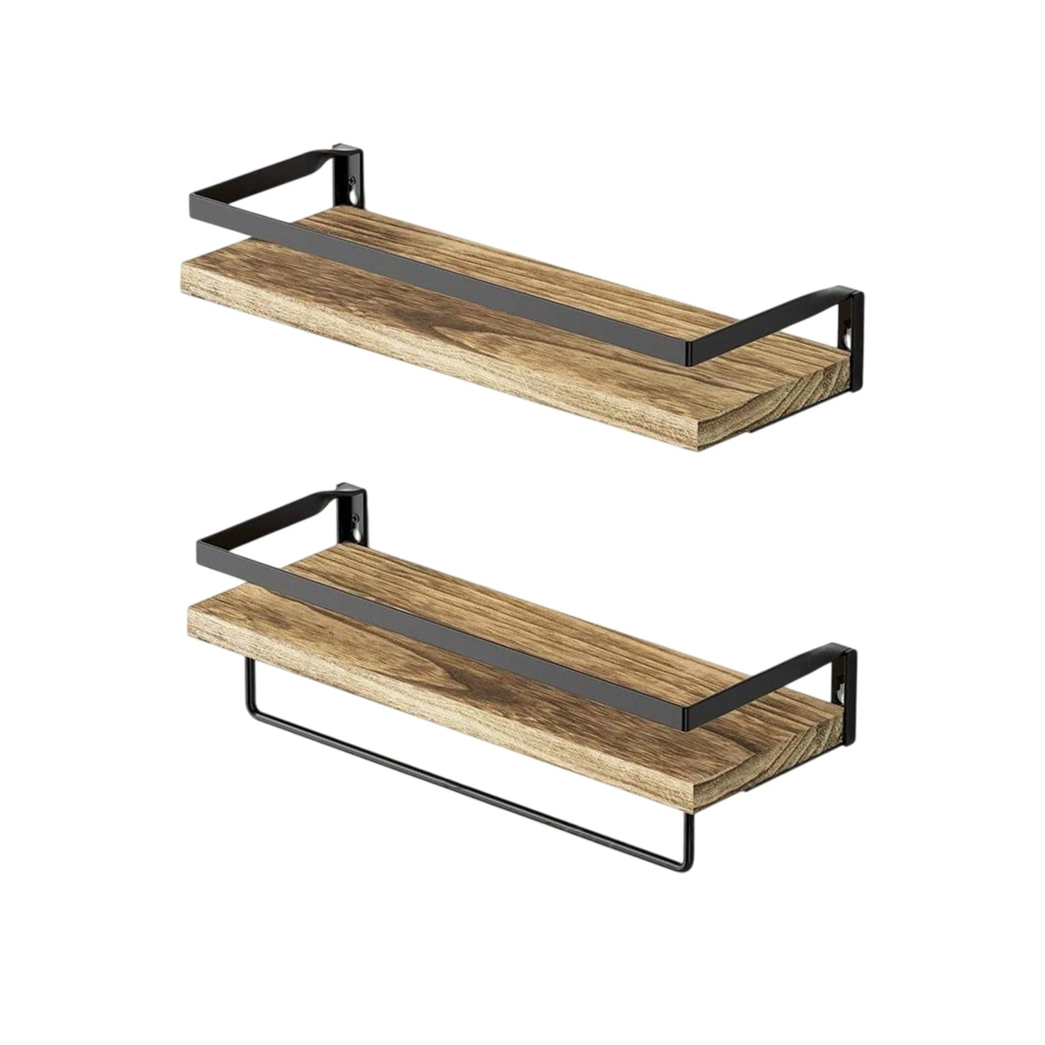 Relaxdays Wandregal 2er Set Holz Eisen Natur Schwarz Mit Stange 40 cm x 15 cm 0,6 kg