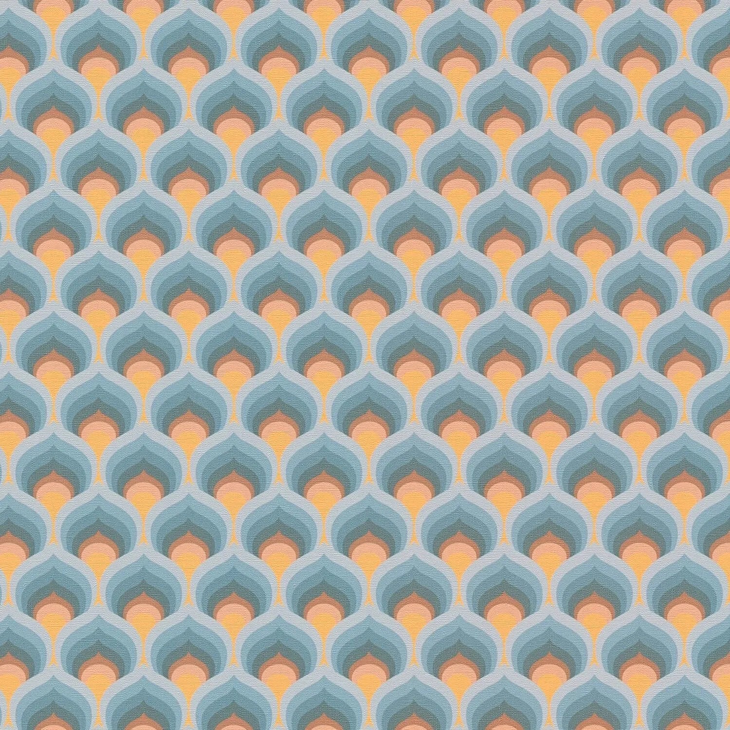 PROFHOME 395383-GU Retro Tapete Grafisch Türkis Blau Orange Ocker-Gelb 0,53 m x 8,50 m 4,50 m2
