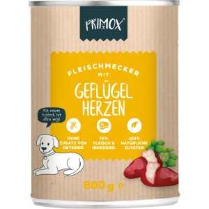 Primox Fleischmecker Geflügelherzen, 800g Dose Hunde-Nassfutter ohne Getreide.