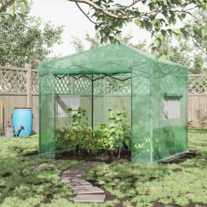 Dunkelgrünes Furnicato Gewächshaus/Tomatenhaus (238x178x240 cm) mit Pflanzen im Garten.