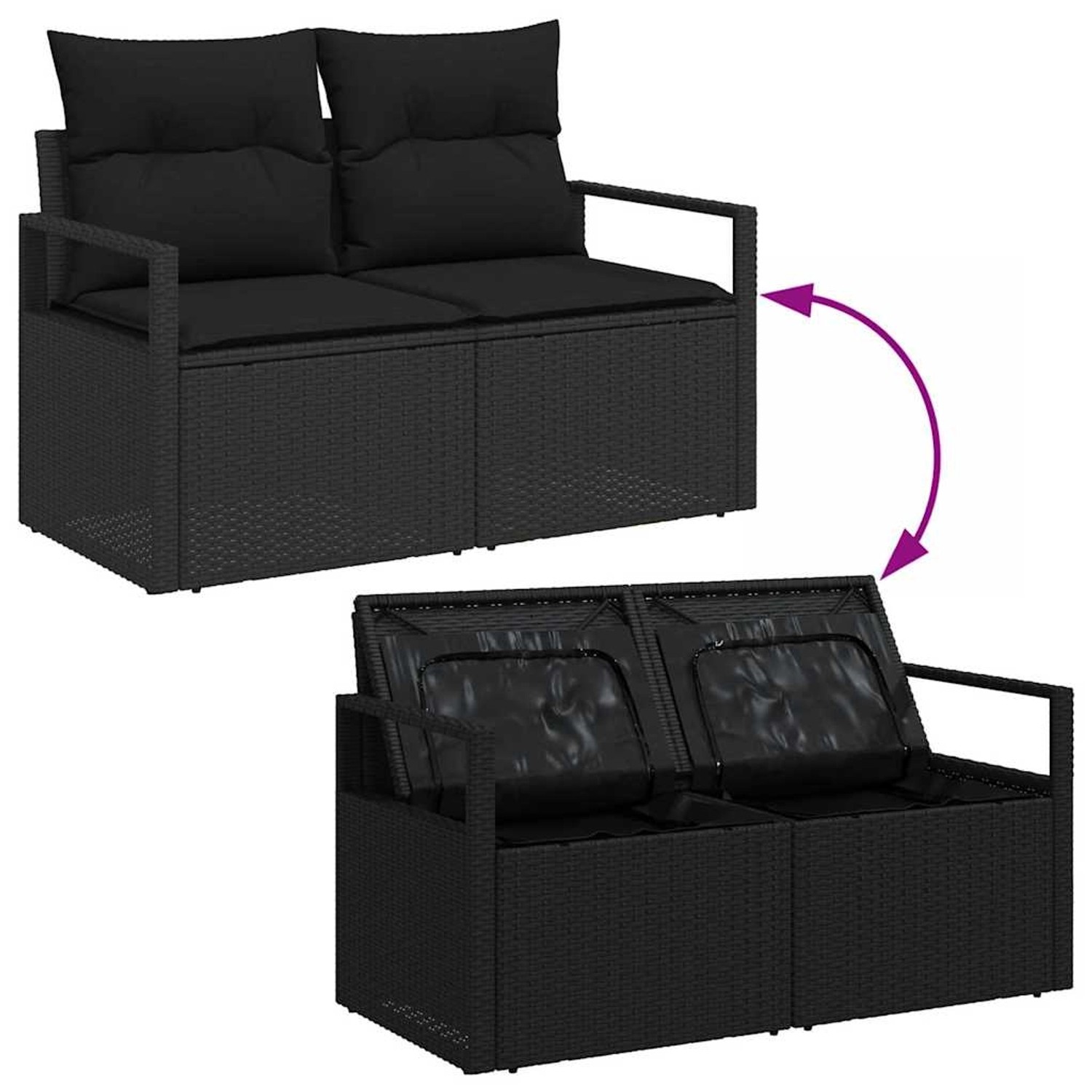 Schwarzes 8-tlg. vidaXL Garten-Sofa-Set aus Poly Rattan mit Stauraum.