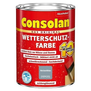Dose Consolan Wetterschutzfarbe Horizontblau, seidenglänzend, für Holz im Außenbereich.
