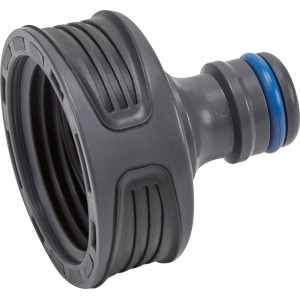 LUX Hahnstück 33,3 mm (G1) für Gartenschläuche, aus grauem Kunststoff mit blauem Dichtungsring.