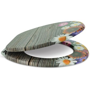 Sanfino WC-Sitz Alp Flower: Toilettendeckel mit Holz-Optik und Blumenmuster, Absenkautomatik.