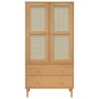 Brauner Kleiderschrank SENJA mit Rattan-Optik, Kiefernholz, 90x175cm. Schrank mit zwei Schubladen und zwei Türen.