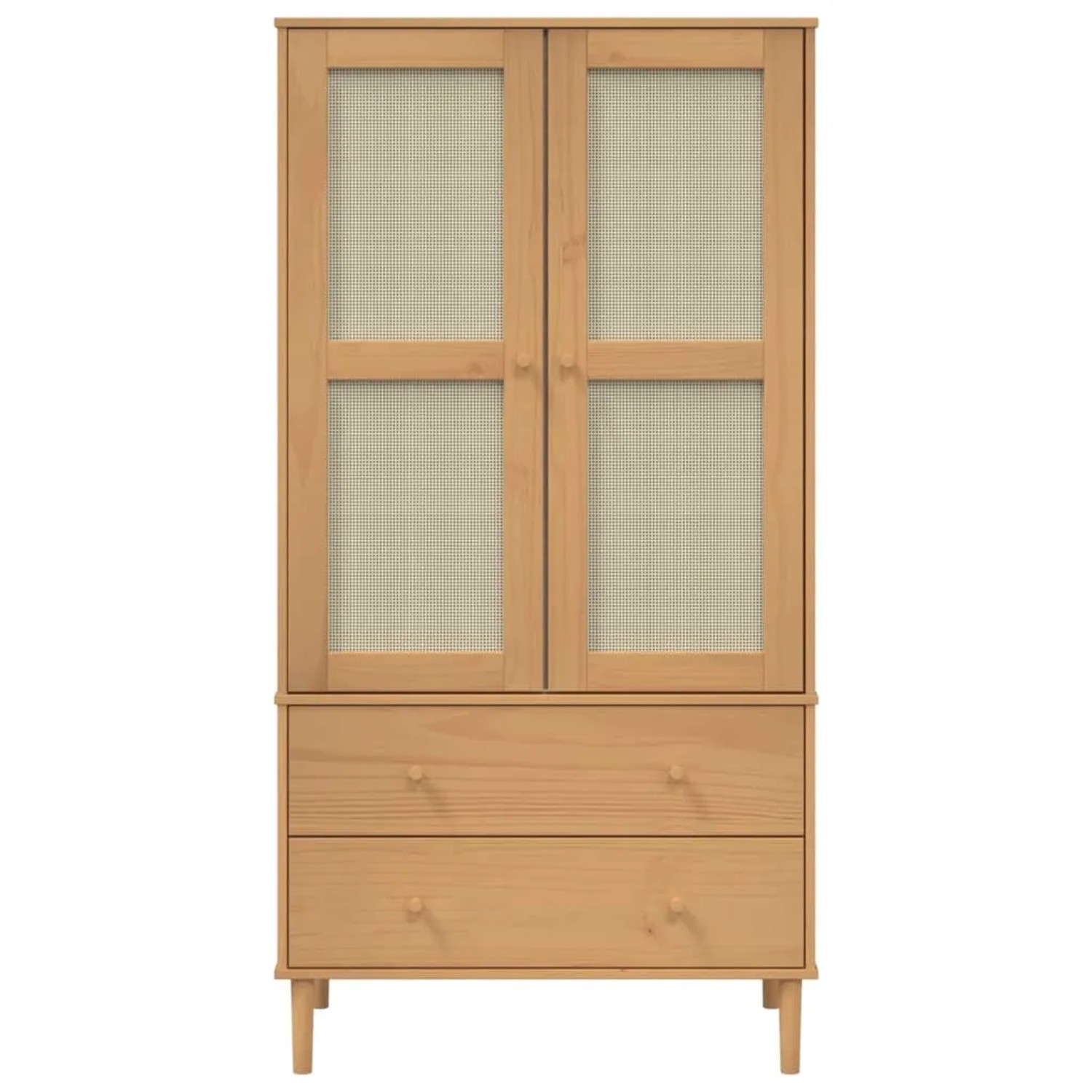 Brauner Kleiderschrank SENJA mit Rattan-Optik, Kiefernholz, 90x175cm. Schrank mit zwei Schubladen und zwei Türen.