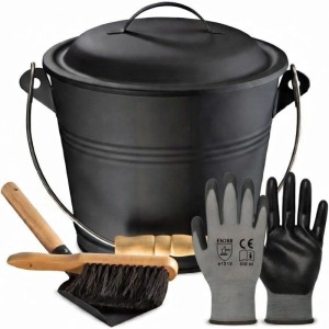 BLACK OAK Ascheeimer Set: 5L Metalleimer mit Deckel, Schaufel und Besen für Kamin & Grill.