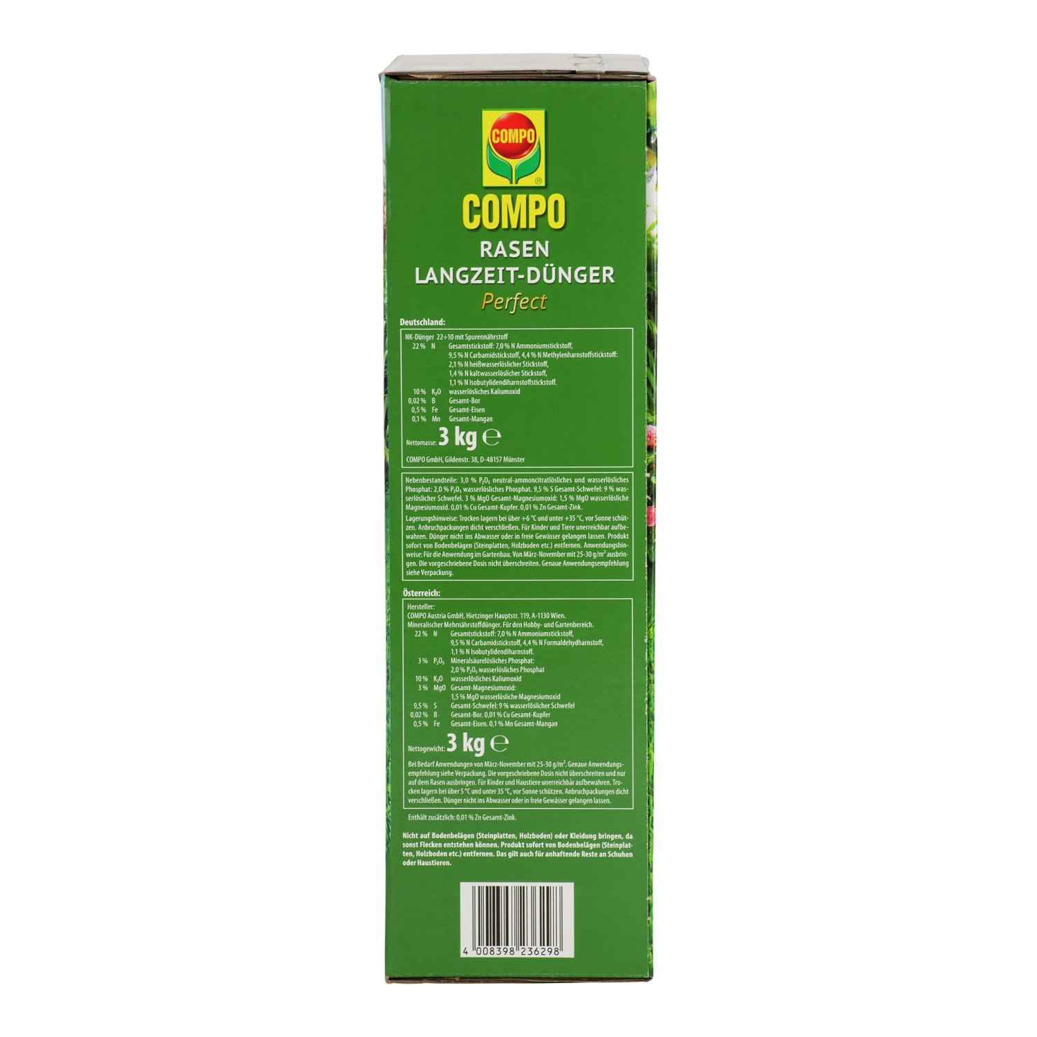 Verpackung Compo Rasen-Langzeitdünger 3 kg, für einen dichten, grünen Rasen.