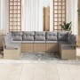 Beiges 7-teiliges Garten-Sofa-Set aus Poly Rattan von vidaXL. Modulares Lounge-Set mit grauen Kissen.