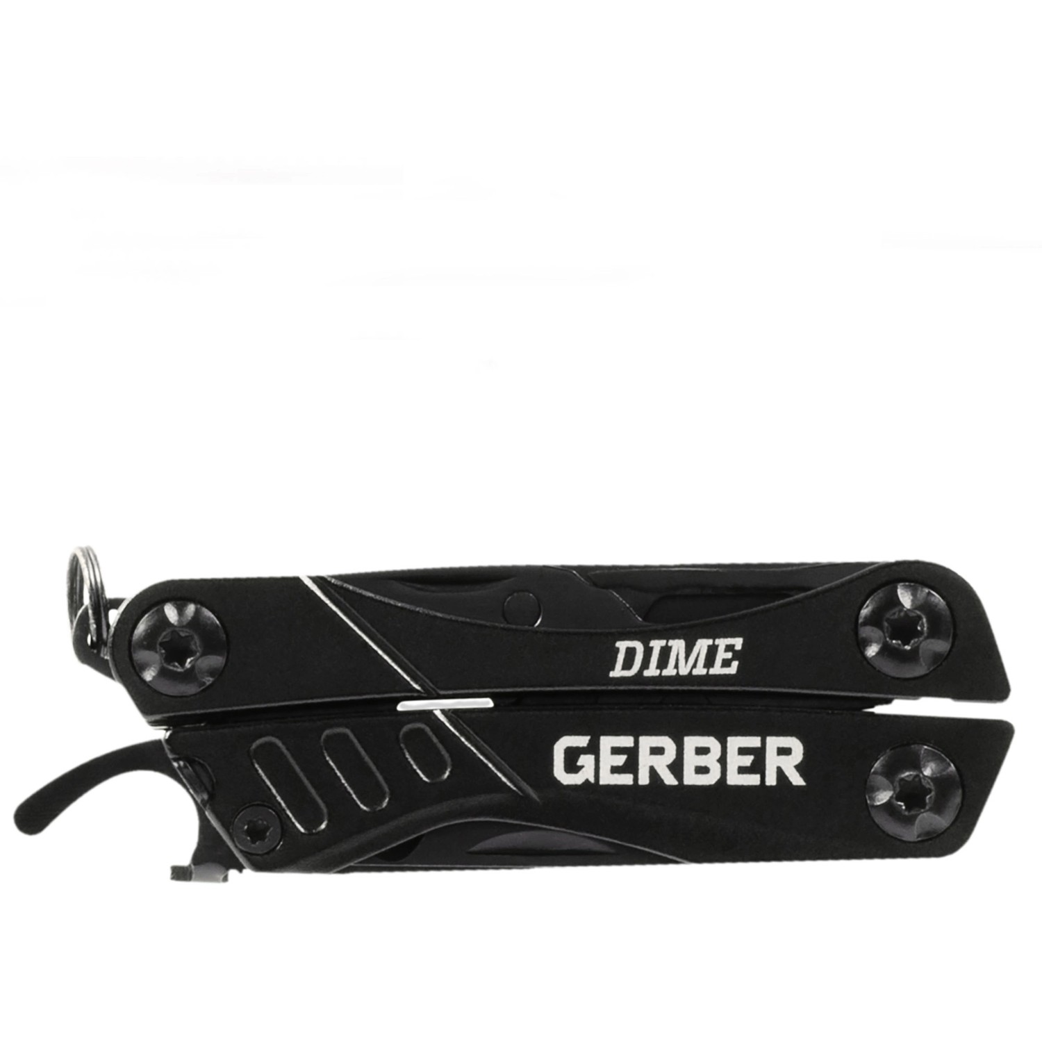 Schwarzes Gerber Multi-Tool Dime mit 12 Werkzeugen, geschlossen.