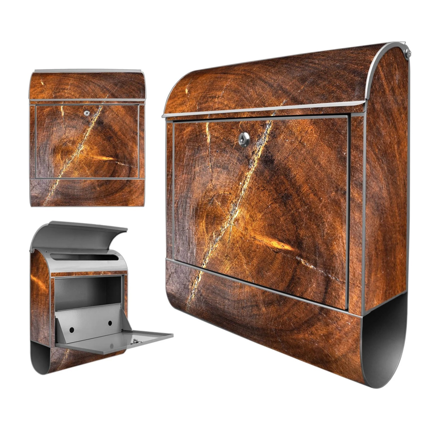 Banjado Design Briefkasten Silber Pulverbeschichtet 39x47x14cm 2 Schlüssel Mit Zeitungsfach Motiv Holzring mit Rissen_4