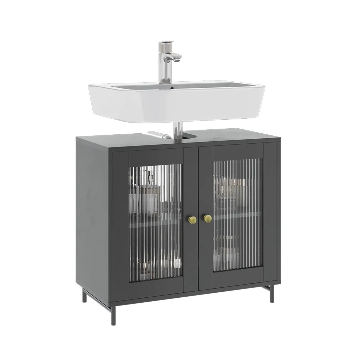 Grauer Vicco Waschbeckenunterschrank Malte (60 cm) mit Waschbecken und zwei Glastüren.