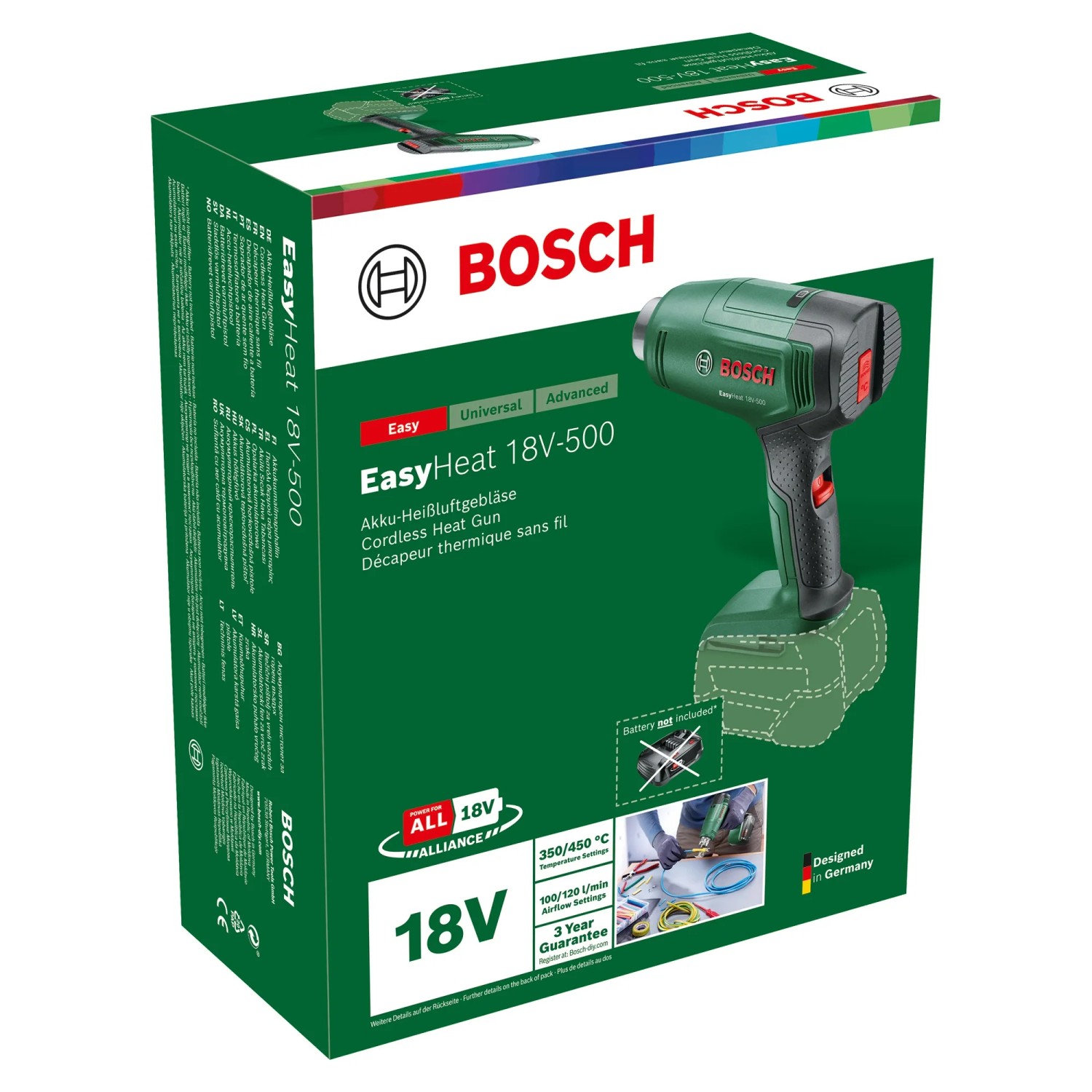 Bosch Akku-Heißluftgebläse EasyHeat 18V-500 im Karton, ohne Akku. Ideal zum Schrumpfen und Etiketten entfernen.