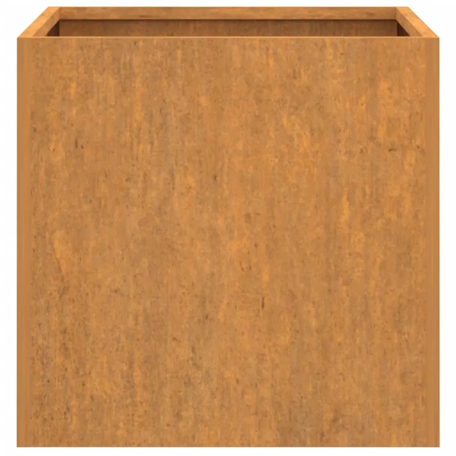 Quadratischer Pflanzkübel aus Cortenstahl in rostiger Optik, 49x47x46 cm.