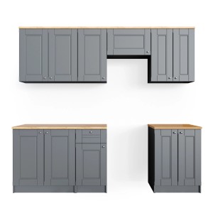 Graue Vicco Bergamo Küchenzeile, 240 cm breit, mit Eiche Goldkraft Arbeitsplatte.