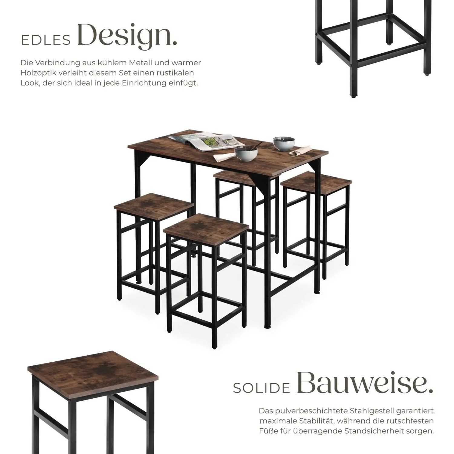 Tectake Bartisch-Set Edinburgh, 5-teilig, Tisch mit 4 Hockern in dunklem Industrial-Holz.