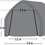 Grüne ShelterLogic Garage 23,8m² mit Maßangaben, ideal für Autos und Gartengeräte.