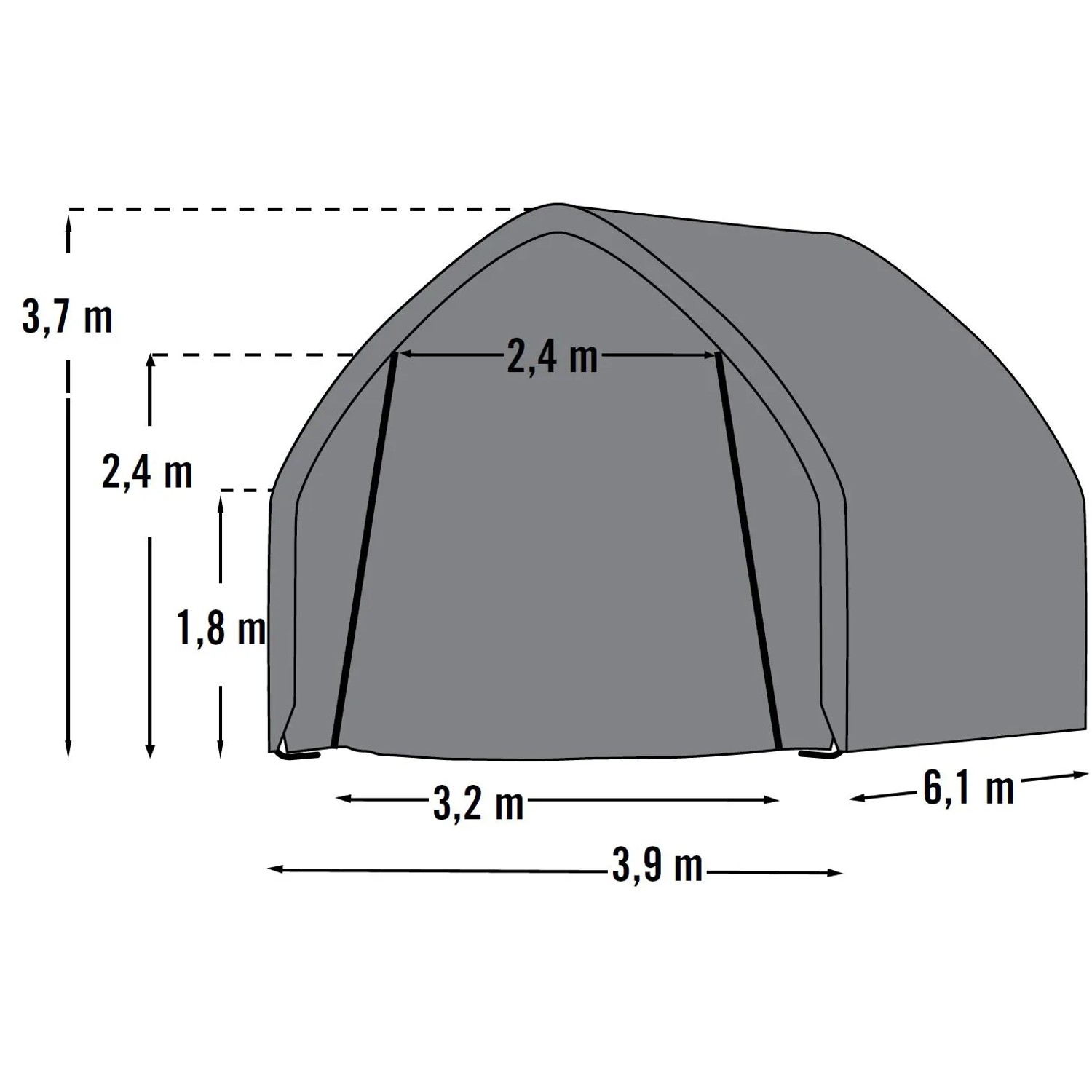 Grüne ShelterLogic Garage 23,8m² mit Maßangaben, ideal für Autos und Gartengeräte.