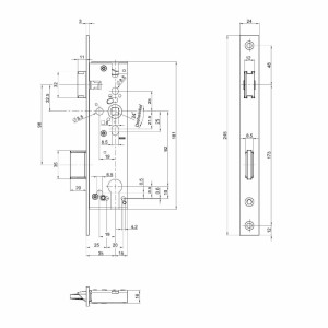 Technische Zeichnung: SOTECH BKS Rohrrahmenschloss 1314 PZ SK3, Maße und Details für Montage.