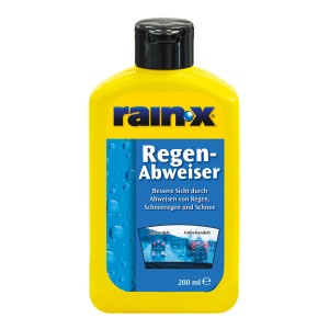 Gelbe Flasche Shell Rain-X Regenabweiser 200ml für klare Sicht bei Regen und Schnee.