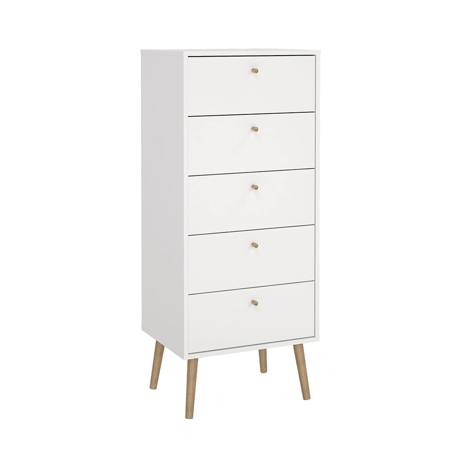 Weiße ebuy24 Bodo Kommode mit 5 Schubladen und Holzfüßen. Ideal für Schlafzimmer und Wohnzimmer.