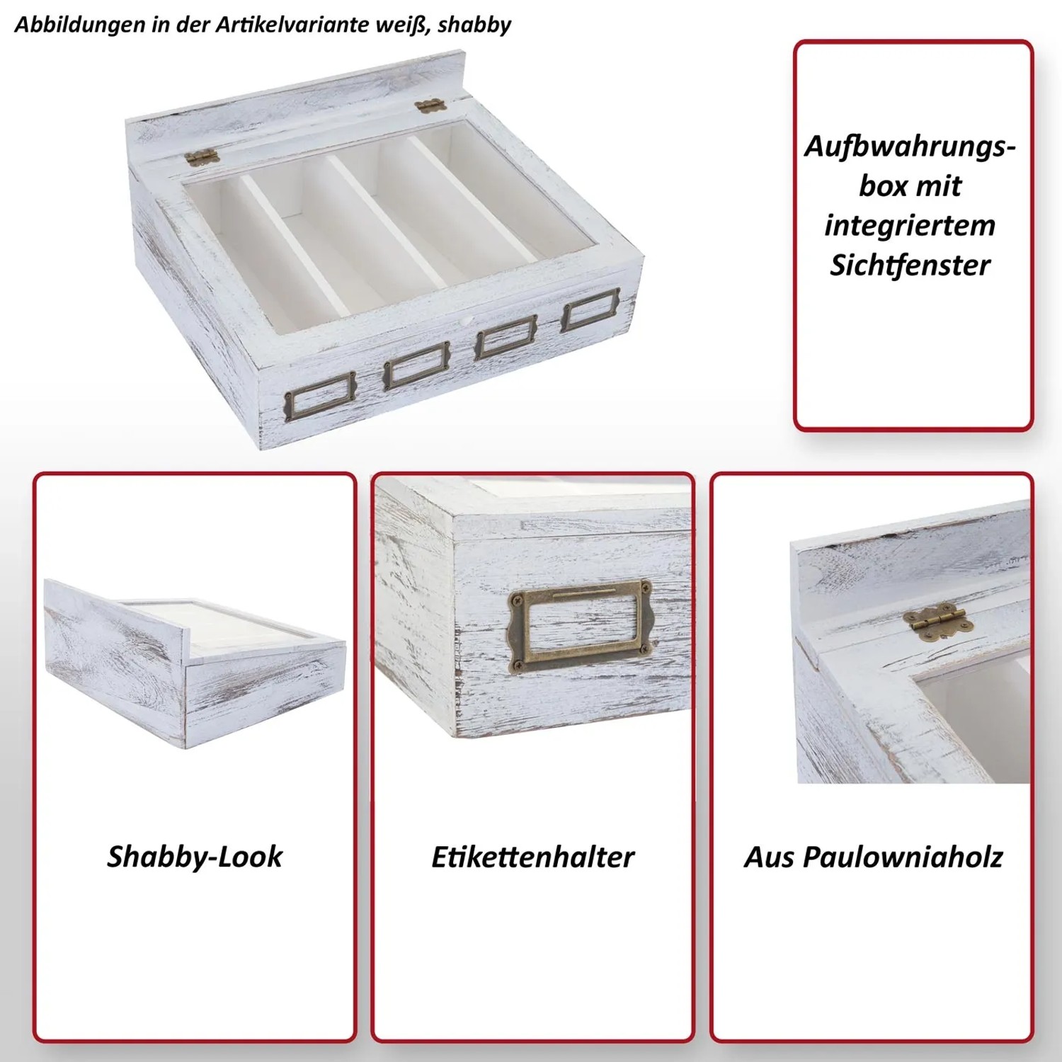 MCW Aufbewahrungsbox C25, naturbraune Holzbox im Shabby-Look mit 4 Fächern und Sichtfenster.