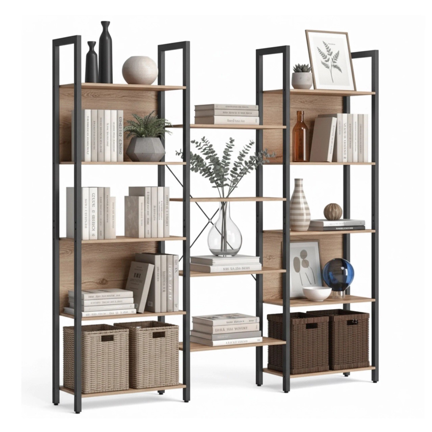 Relaxdays Bücherregal mit 14 Ablagen MDF Eisen Hellbraun Teilbar Kippschutz 166 x 158 x 24 cm 21 kg