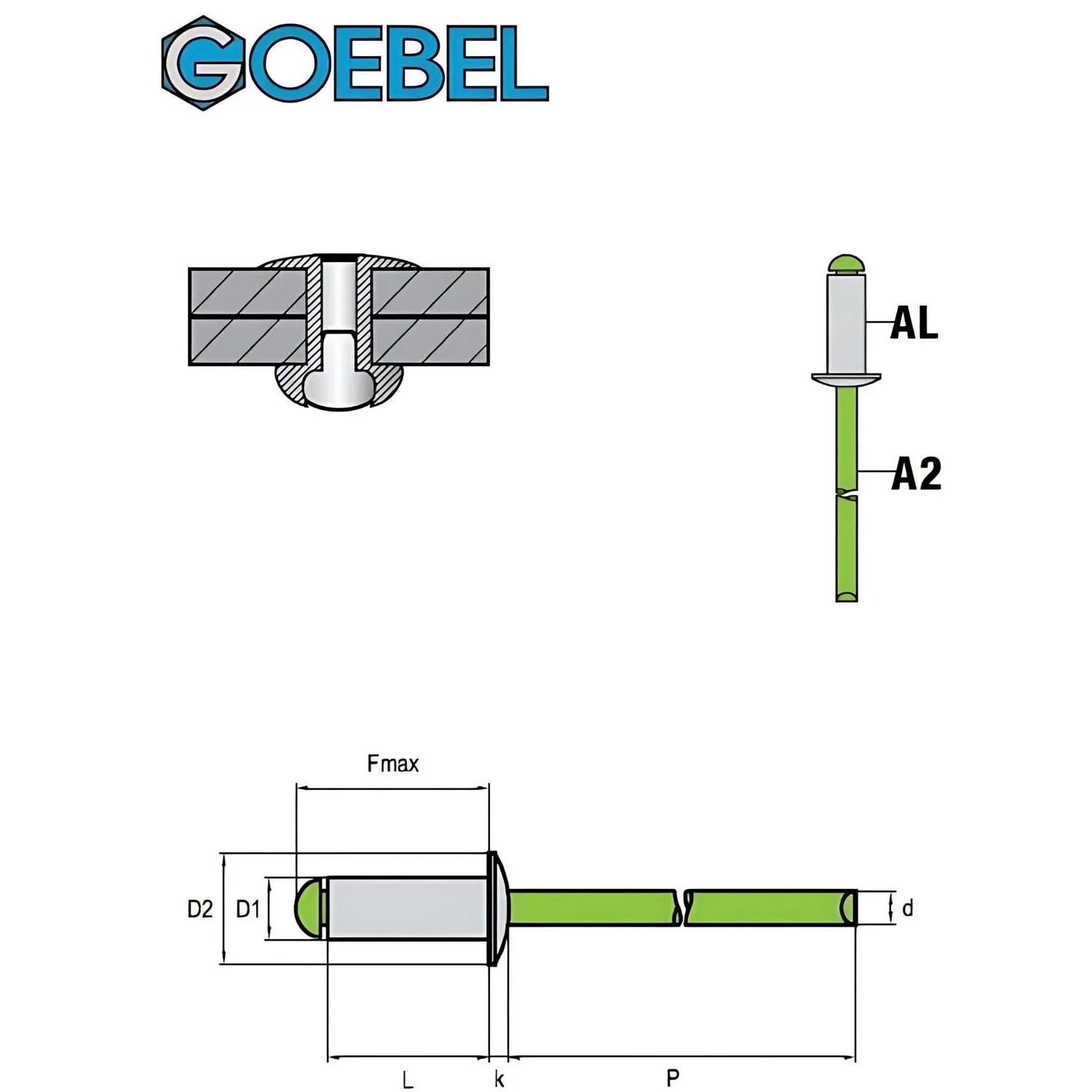 Technische Zeichnung: GOEBEL Blindniete 5,0x16,0 mm, Aluminium/Edelstahl A2, Flachkopf