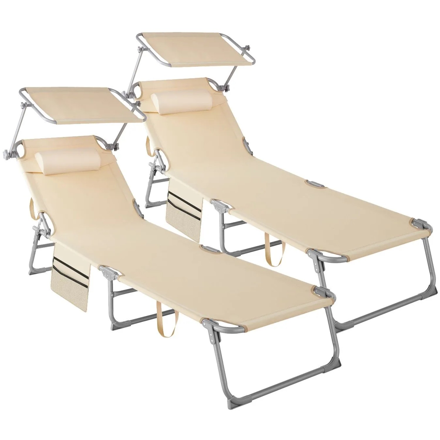 Tectake 2Er Set Sonnenliege Chloé Klappbar  Stufenlos Verstellbares Sonnendach  161 x 68 x 111 cm Beige
