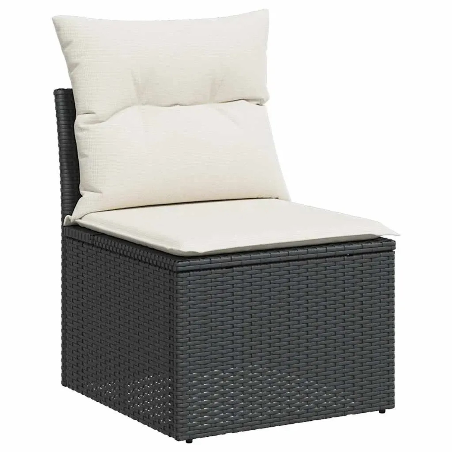 Schwarzes Gartensofa aus Rattan mit weißen Kissen, Teil der vidaXL 5-tlg. Sofagarnitur.